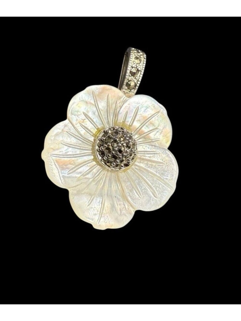 Sterling Silver Carved Mother of Pearl Flower Petal Marcasite Pendant